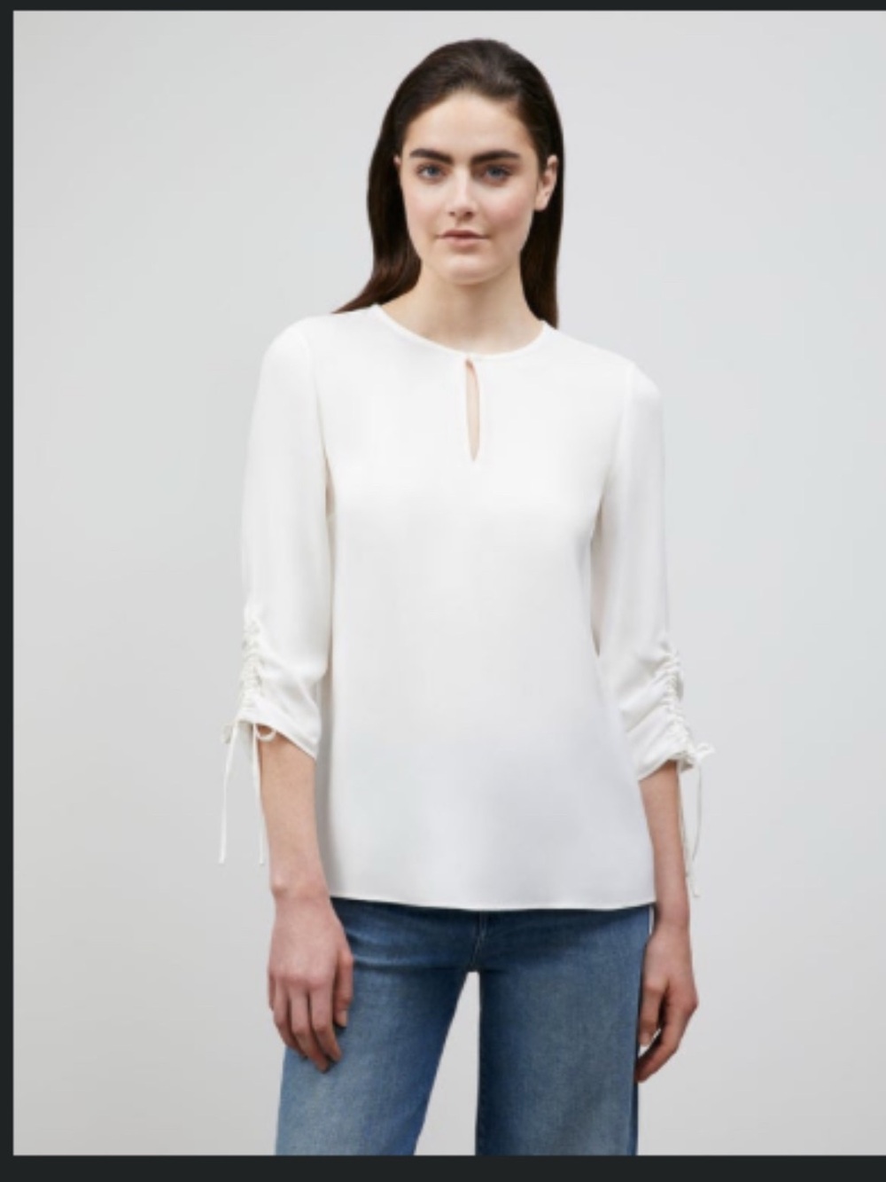 Lafayette 148 NY, Women's Ivory Keyhole Tie-Sleeve silk double georgette blouse.